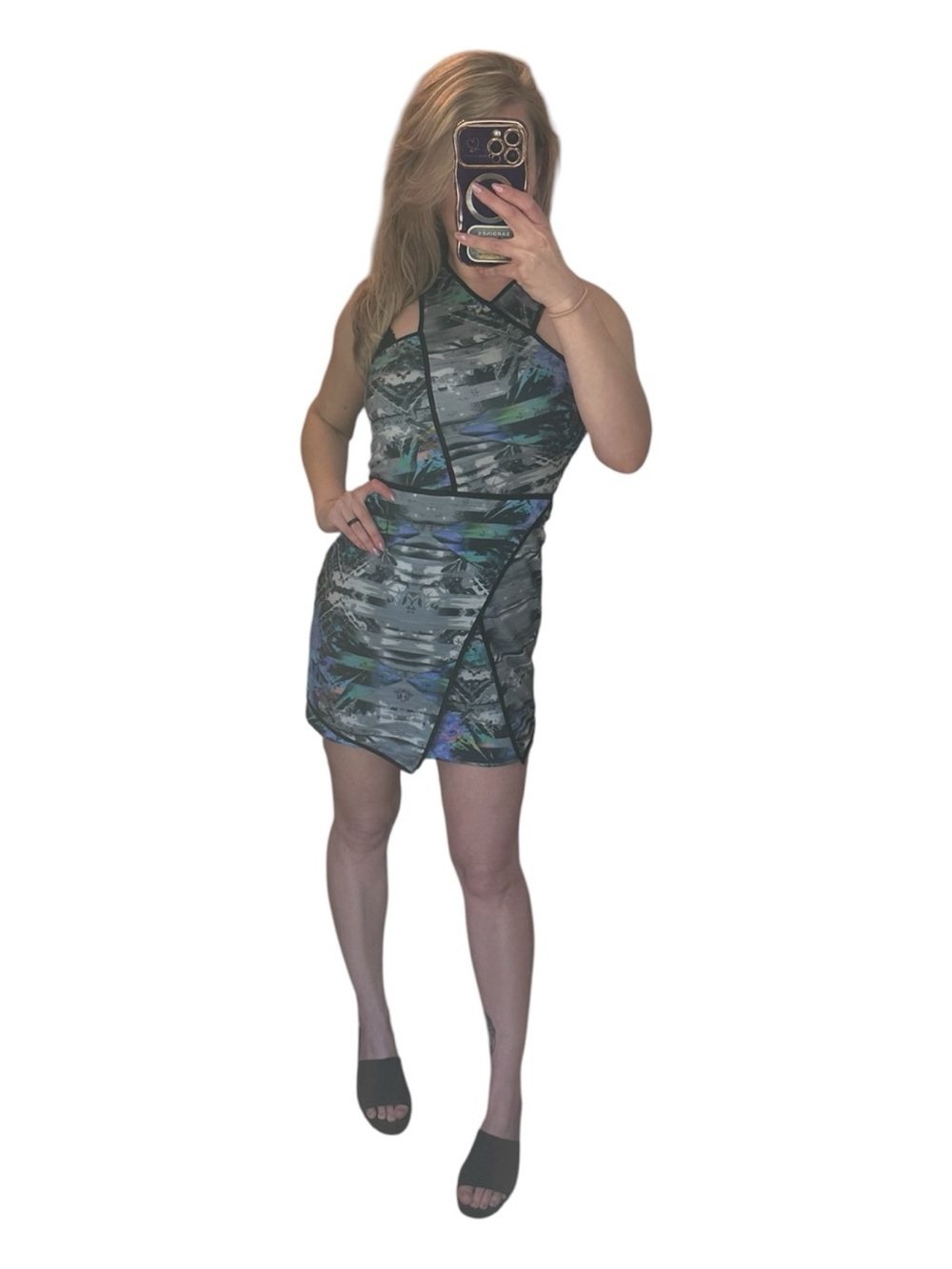 NWT Parker Gray Abstract Print Asymmetric Sheath Dress with Black Trim Small - Picture 7 of 7